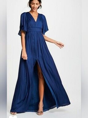 Halston Heritage Flowy Pleated Blue Crepe Georgette Gown Size 8